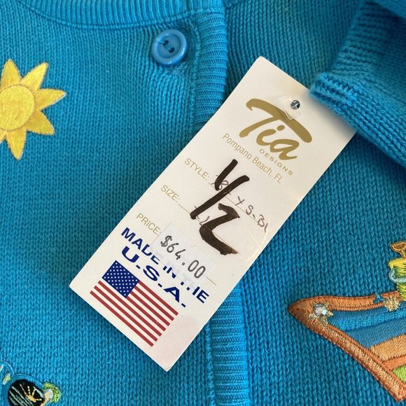 Vintage Tia Desiigns Sweater Cardigan Embroidered Beach XL Turquoise NWT - Picture 6 of 9